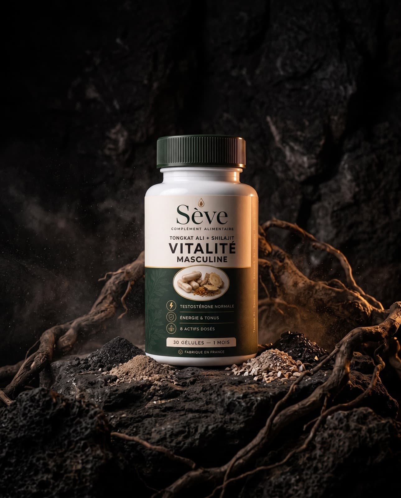 Pot de SÈVE, complément alimentaire vitalité masculine, entouré de ses ingrédients naturels