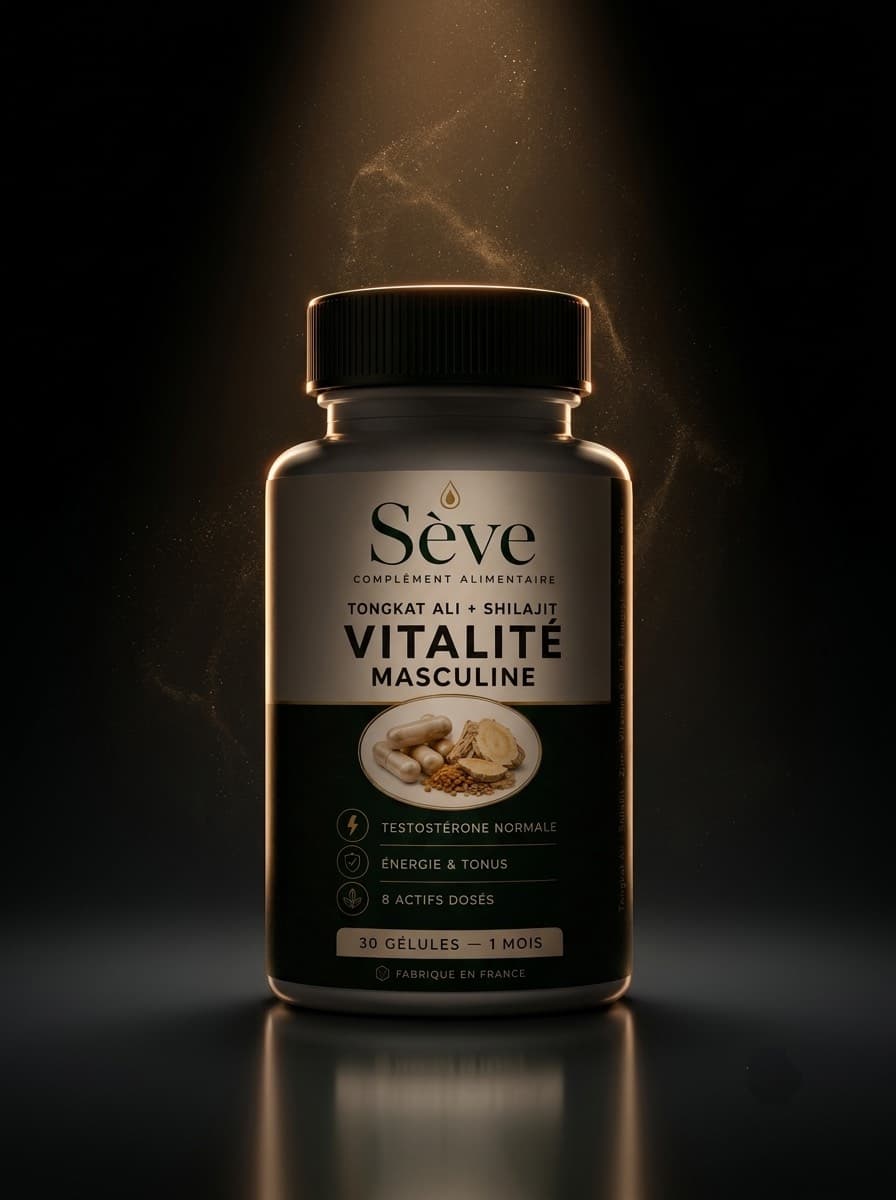 Pot de SÈVE, complément alimentaire vitalité masculine, entouré de ses ingrédients naturels